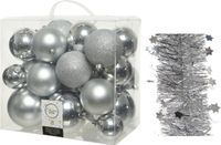 Decoris Kerstversiering kunststof kerstballen 6-8-10 cm met sterren folieslingers pakket zilver van 28x stuks - Kerstboomversiering