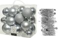 Decoris Kerstversiering kunststof kerstballen 6-8-10 cm met sterren folieslingers pakket zilver van 28x stuks - Kerstboomversiering