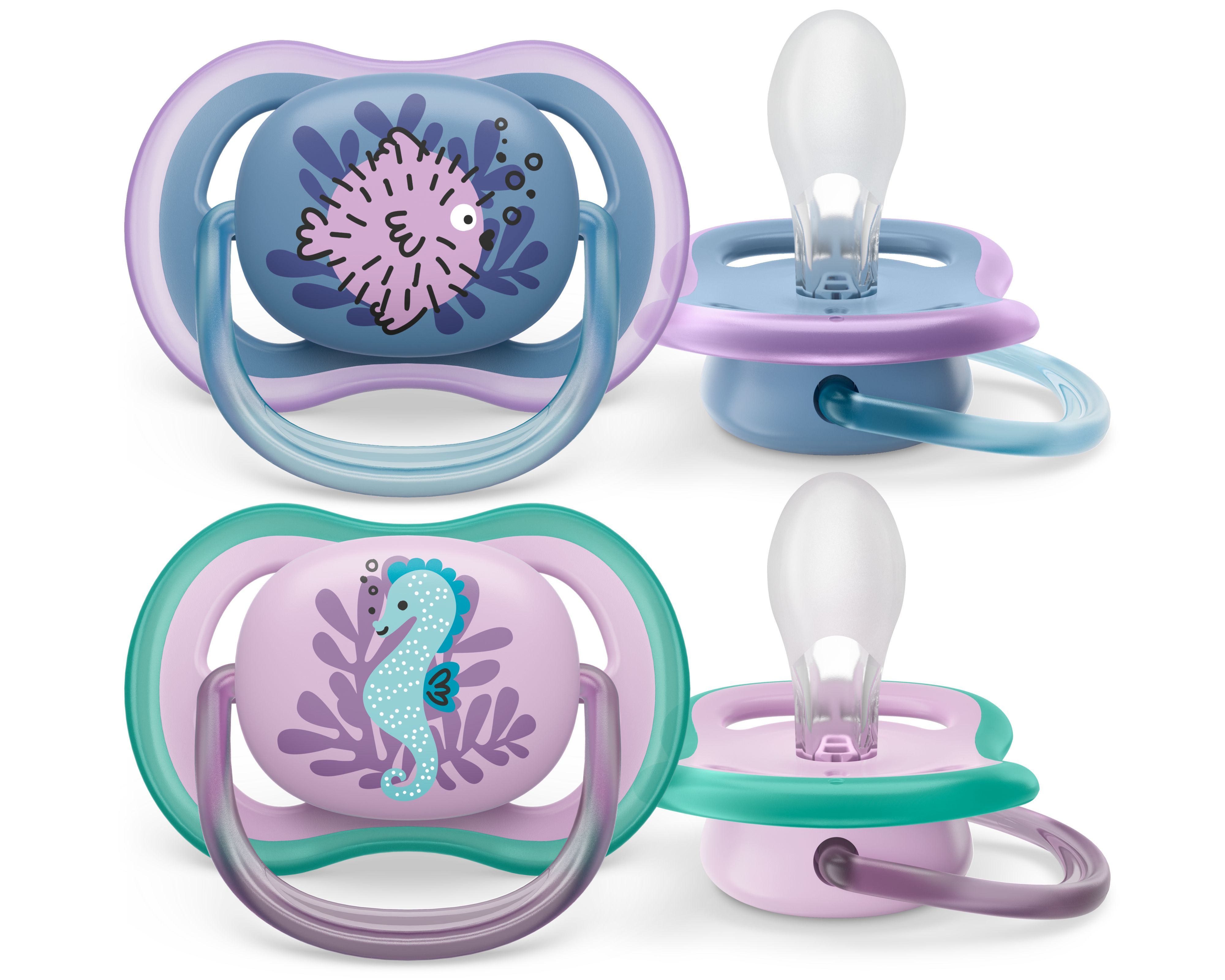 Philips Avent Ultra Air Soother - 6-18 Months - 2 Pack - Blue/Green/Purple - Orthodontic Silicone Pacifier
