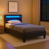 IDIMEX Gestoffeerd bed MANDALAY 90x200 cm incl. led-verlichting, kunstleer - zwart