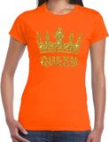 Shoppartners Bv Oranje Koningsdag Queen t-shirt - met gouden glitter kroon - dames - Oranje kleding XXL