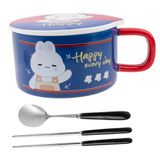 Lachineuse Instant Noedelkom - Aziatische Ramenkom - Porselein - Konijnmotief - 1000 ml - Deksel & Bestek - Donkerblauw