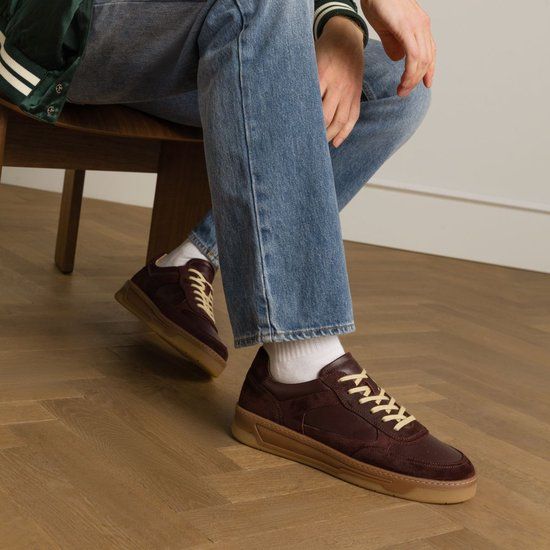 Manfield Heren Burgundy Leren Sneakers met Suède Details - Maat 42