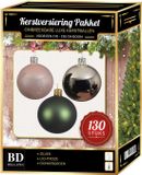 Bellatio Decorations Shoppartners Bv Kerstbal en piek set 130x zilver-donkergroen-lichtroze voor 180 cm boom