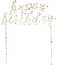 Acryl Taarttopper "Happy Birthday" - Helder met Goudfolievlekken - 1 Stuk