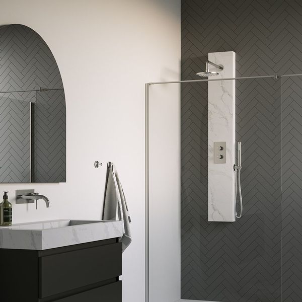 BRAUER Brushed Edition thermostatisch douchepaneel - 2 functies - calacatta gold SET 01 - 20cm hoofddouche - gebogen muurarm - staaf handdouche - wandaansluitbocht - doucheslang - RVS geborsteld PVD 5-NG-154