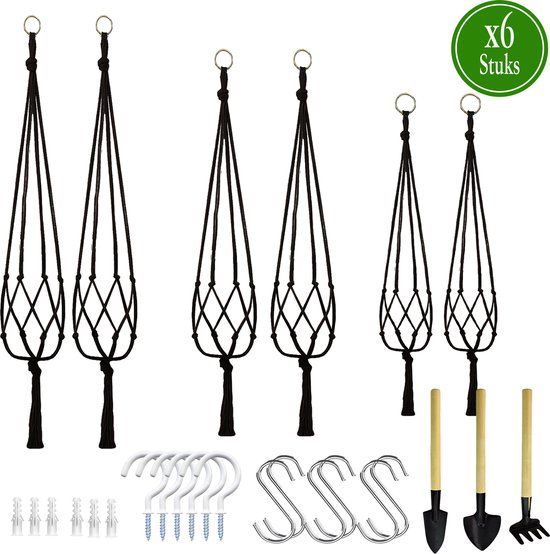 6 Stuks Zwart Macrame Plantenhangers - Boho Katoen - Binnen/Buiten