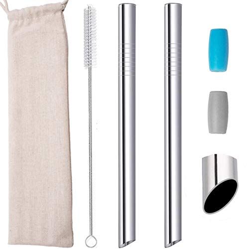 morneve Metalen Boba Rietjes Herbruikbare Smoothies Rietjes 10\" Roestvrij Staal Stro Hoekige Tips 0,5\" 1/2 In Breed Stro voor Jumbo Bubble Thee Milkshakes Tapioca Parel Met Siliconen Tips Geval Borstel 2 Stks