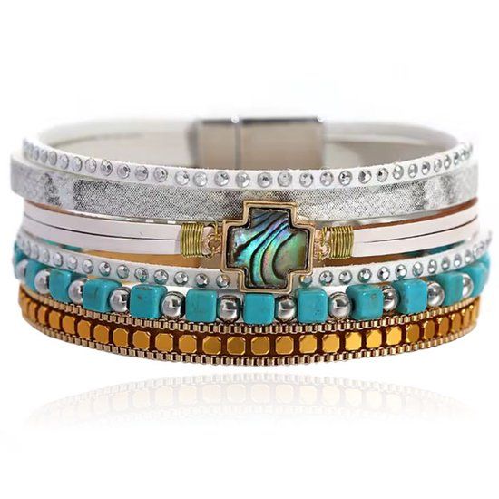 Deja Jewels Deja Boho Armband goudkleurig met turquoise kralen en kruis natuursteen in wit