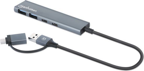 Manhattan 181075 USB-hub 2 + 2 poorten USB-A, USB-C USB 3.0 5 GBit/s Met aluminium behuizing, Met USB-C stekker