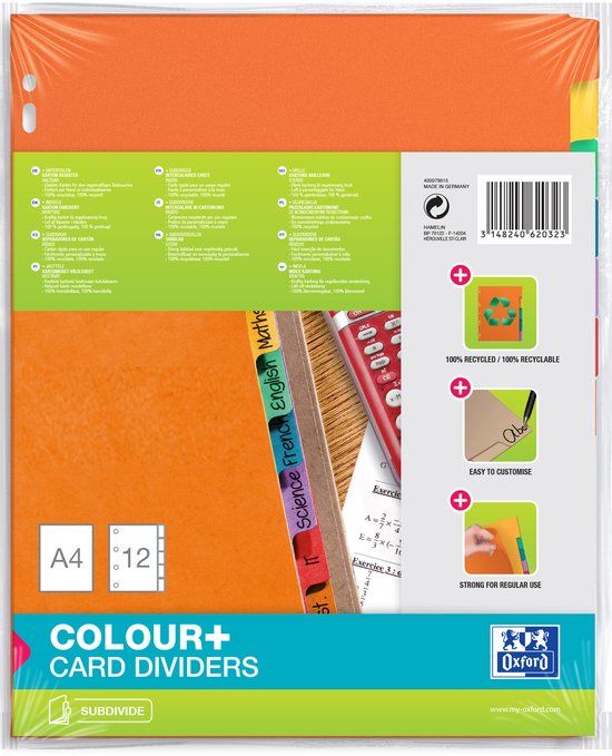 Oxford kartonnen tabbladen, blanco, A4, gekleurd, 12-delig