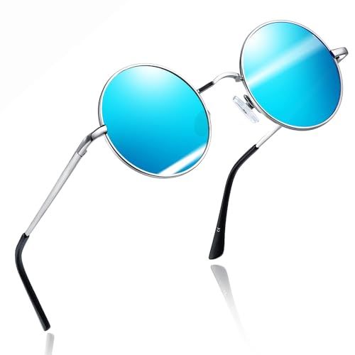 Joopin Ronde Zonnebril Heren Dames Gepolariseerde UV-Bescherming Vintage Metalen Frame Hippie Zonnebrillen Mannen Vrouwen (Blauw Spiegel)