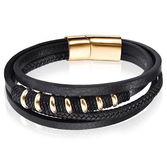 Mendes Leren armband met RVS kralen en touw - Zwart/Goudkleurig - 22cm