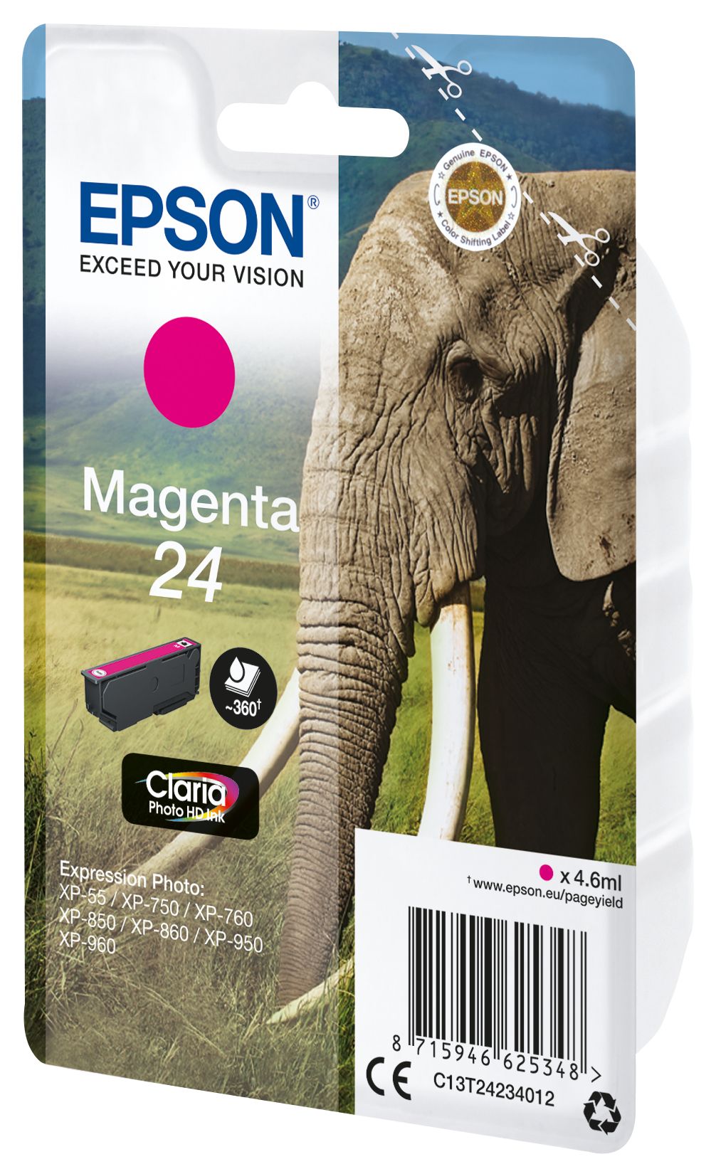 Epson Elephant 24 Claria Photo HD Magenta Ink Cartridge, Standard Yield, 360 Pages, 4.6ml