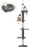 PAWZ Road Arbre à chat 5-laags sol à plafond réglable en hauteur centre d'activité d'escalade pour chatons avec poteau griffoir - lit douillet - balle suspendue - pour chats d'intérieur - gris