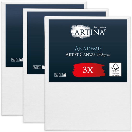 Artina Akademie – Set van 3 Schilderdoeken Canvas 30x40 cm – Spieraam van FSC® Hout – Wit Canvas 100% Katoen – 280 g/m136
