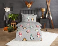 Good Morning Dekbedovertrek Pinguïns met Muts en Sjaal - 1 Persoons 140x200/220 cm - Grijs - 100% Katoen Flanel