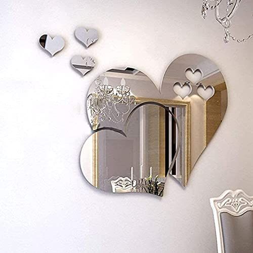 JUMINE Spiegel muursticker, 3D kristal dubbele liefde hart acryl DIY kunst muurstickers home woonkamer badkamer TV achtergrond decor, 10 stuks / 2 sets (zilver)