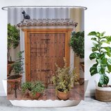 Ulticool Douchegordijn - Deur Planten Kat - 180 x 200 cm - Polyester - Wit/Bruin/Groen - met 12 ringen