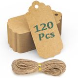 120PCS VynyQoo 120 stuks blanco cadeaulabels van kraftpapier, 5 x 10 cm, met koord en 30 m natuurlijke jute om zelf te maken, bruiloftsgeschenken, cadeaulabels, prijskaartjes, etiketten inclusief