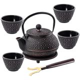 KADAX Gietijzeren ketel met theekopjes, Japans theeservies van gietijzer, traditionele theeset met netfilter en theebeker, theepot met robuuste handgreep (zwart)