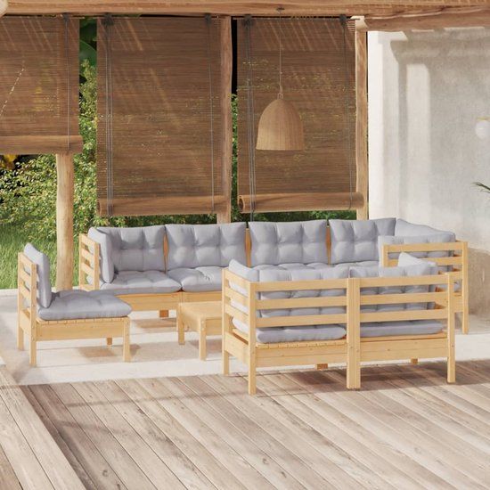 The Living Store Loungeset Grenenhout - Grijs - Hoekbank + Middenbank + Voetenbank/Tafel