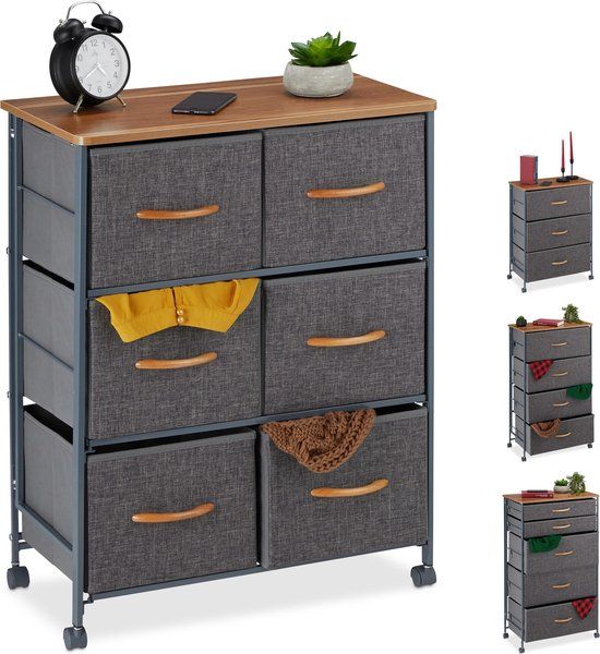 Relaxdays Ladekast op wielen - commode - stof - opbergsysteem - bijzetkast - ladenkast - D - antraciet/lichtbruin