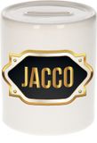 Bellatio Decorations Shoppartners Bv Spaarpot met voornaam Jacco - wit - met goud/zwart embleem - 8 x 9 cm - keramiek - met afsluitdop - cadeau verjaardag