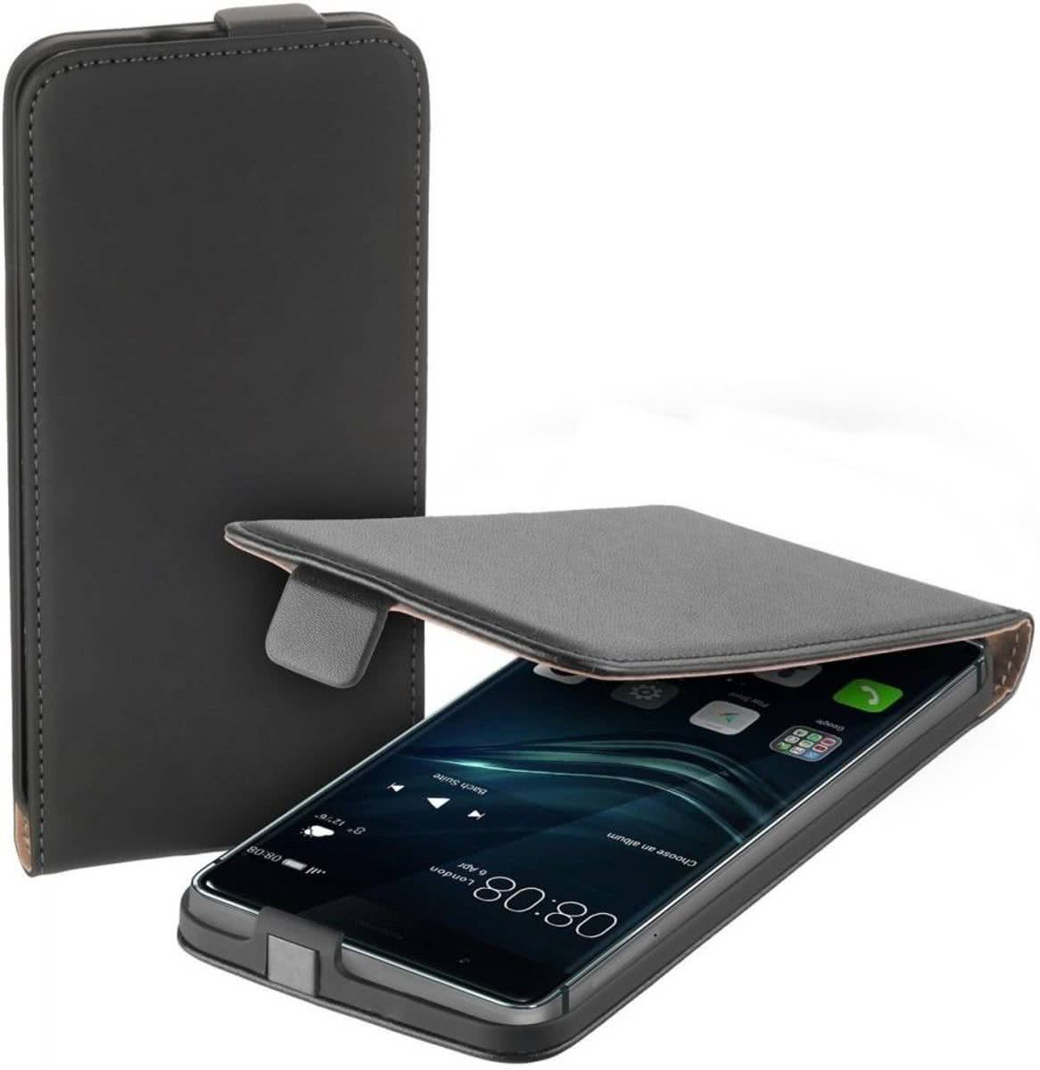LELYCASE Zwart eco lederen flip case voor Huawei P9 - Telefoonhoesje