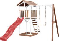 AXI Beach Tower Speeltoestel in Bruin/Wit - Speeltoren met Enkele Schommel, Rode Glijbaan en Zandbak - FSC hout - Speelhuis op palen voor de tuin
