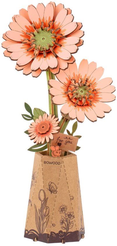 RobotimeRowood Light Orange Gerbera - TW111 - Wooden Bloom Craft Series - 3D Wooden Puzzle for Adults