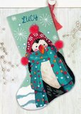 Dimensions Fuzzy Penguin Stocking - Borduurpakket - Kleuren: mint, groen, blauw, oranje, beige, Bordeaux, wit, rood, zwart