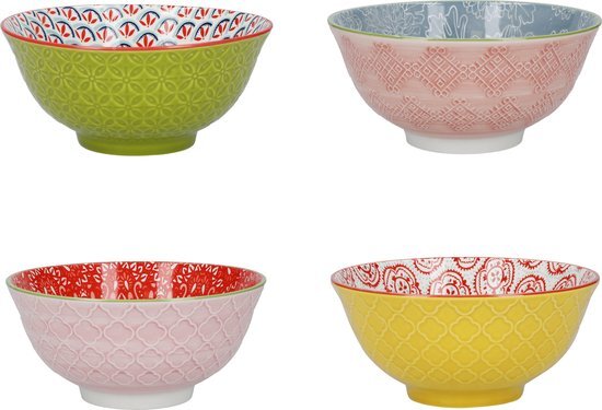 Kitchen Craft Patronen Bowl Set in geschenkdoos, 4 keramische kommen, ideaal voor ijs, soep en meer, 'Brights' ontwerpen, 15cm