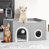 BAKAJI Grijs kattenhuis met dubbele ingang, huisje voor huisdieren, krabpaal van polyester, warm en gewatteerd, kattenkrabpaal met antislip onderkant, 61 x 41 x 33,5 cm