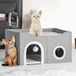 BAKAJI Grijs kattenhuis met dubbele ingang, huisje voor huisdieren, krabpaal van polyester, warm en gewatteerd, kattenkrabpaal met antislip onderkant, 61 x 41 x 33,5 cm