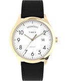 Timex Easy Reader Herenhorloge 40 mm, zwart leren bandje, witte wijzerplaat, goudkleurige kast, TW2W68500