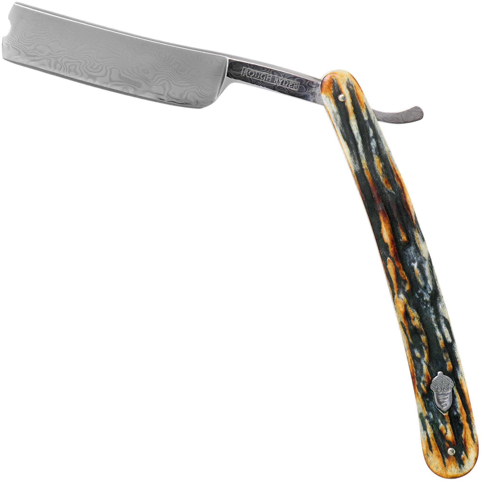 Rough Ryder Folding Razor Cinnamon Stag RR2159 Damascus open scheermes