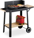 Relaxdays Houtskoolbarbecue met wielen, in hoogte verstelbaar rooster, windvanger, staal, zwart/lichtbruin/zilver