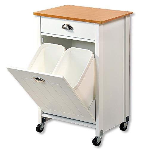 KESPER 2552613 Keukenwagen met afvalscheidingssysteem, wit gelakt, afdekplaat met bamboedecoratie