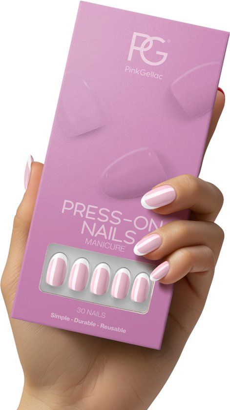 Pink Gellac Press On Nails - 2001 Classic French - Round Medium