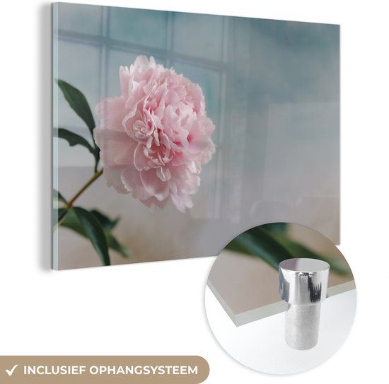 MuchoWow® Glass Painting 150x100 cm - Acrylic Glass Painting - Pink Peony on a Grey Background - Photo on Glass - Paintings