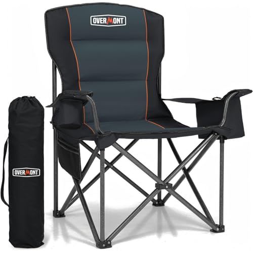 OVERMONT Extra grote opvouwbare campingstoel, belastbaar tot 204 kg, met bekerhouder, koeltas, hoge rugleuning, voor tuin, balkon, strand, vissen