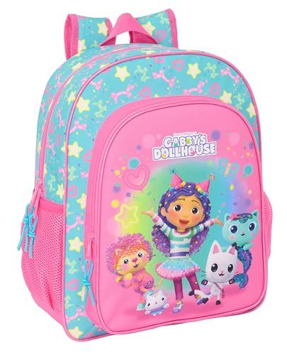 Safta GABBY'S DOLLHOUSE CONFETTI Schoolrugzak voor kinderen, wagenvriendelijk, ideaal voor schoolleeftijd, comfortabel en veelzijdig, kwaliteit en duurzaamheid, 32 x 12 x 38 cm, roze, roze/turquoise