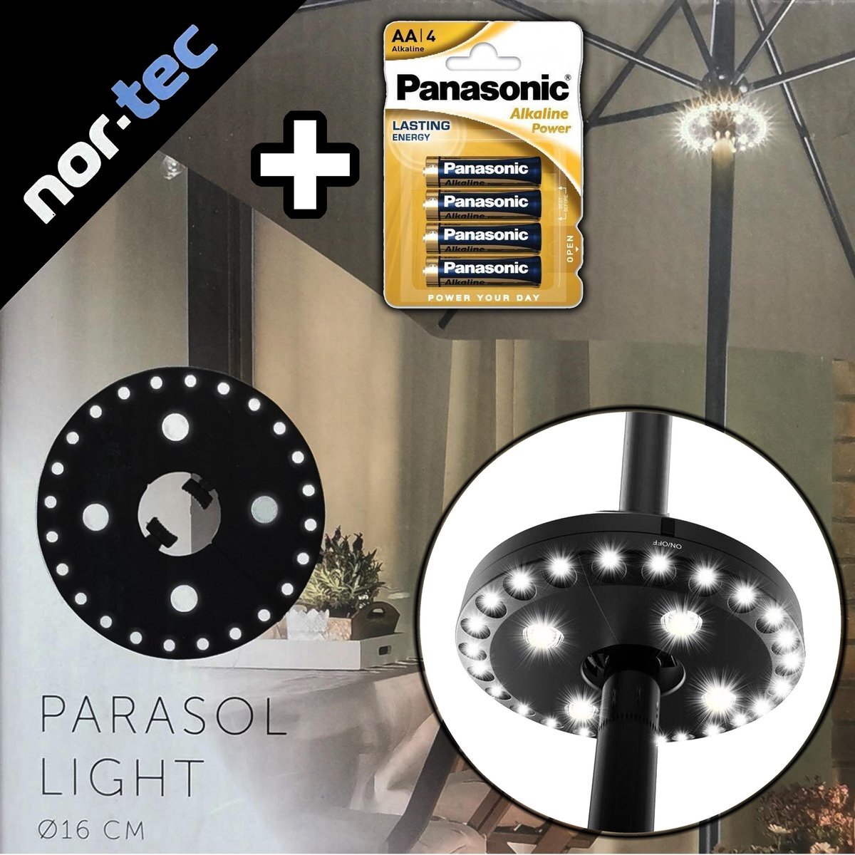Nor Tec ? NOR-TEC LED Parasolverlichting INCLUSIEF 4 Batterijen | 3 Standen LED - Parasol - Lamp - Parasollamp - Parasolverlichting led - tuinparasol - warm licht - zomer - warmte - zon - verlichting - zonneparasol - universeel - kampeerlamp - campinglamp
