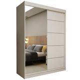 Margaret Hadas24 Samantha Kledingkast, 150 cm, schuifdeurkast met spiegel en treden, slaapkamerkast, garderobe, kledingstang, planken, moderne multifunctionele kast, wit