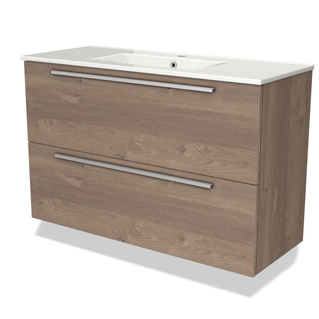 Maxaro Badkamermeubel 100cm Modulo Slim Middenbruin Eiken 2 Lades Vlak Wastafel Keramiek