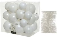 Kaemingk B.V. Décoration de Noël boules de Noël en plastique 6-8-10 cm avec guirlandes en aluminium hiver blanc de 28x pièces