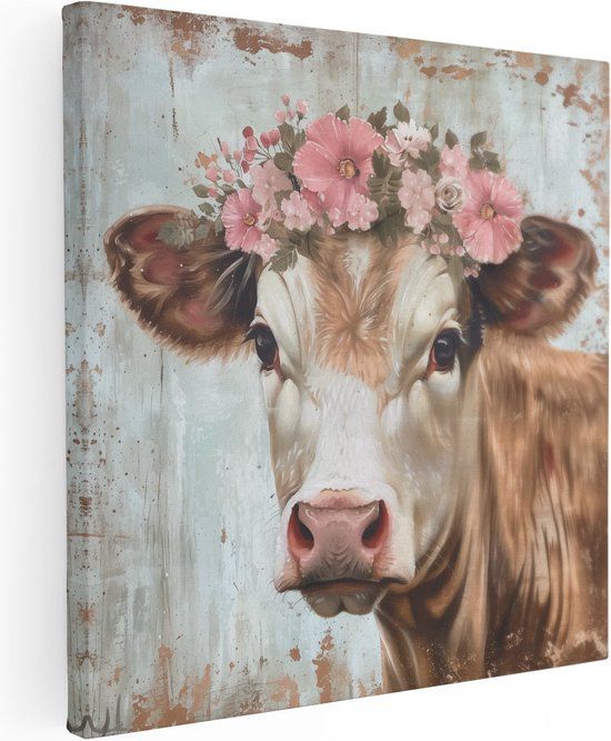 Artaza Canvas Schilderij Koe met Bloemen op haar Hoofd - 30x30 cm - Canvas Print