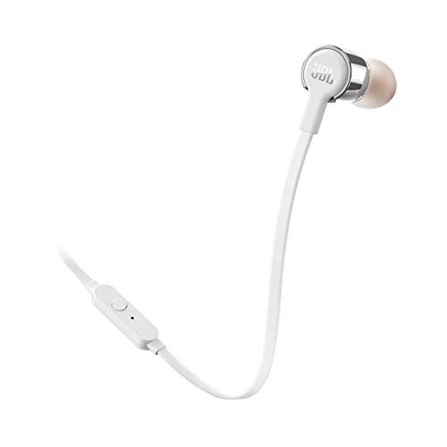 JBL T210 In-Ear hoofdtelefoon, oortelefoon met 1-knops afstandsbediening en geïntegreerde microfoon, compatibel met Apple en Android-apparaten, zilver/wit