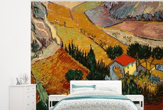 Nr1Wallpaper Behang - Fotobehang Landschap met een huis en een ploeger - Vincent van Gogh - Breedte 300 cm x hoogte 240 cm